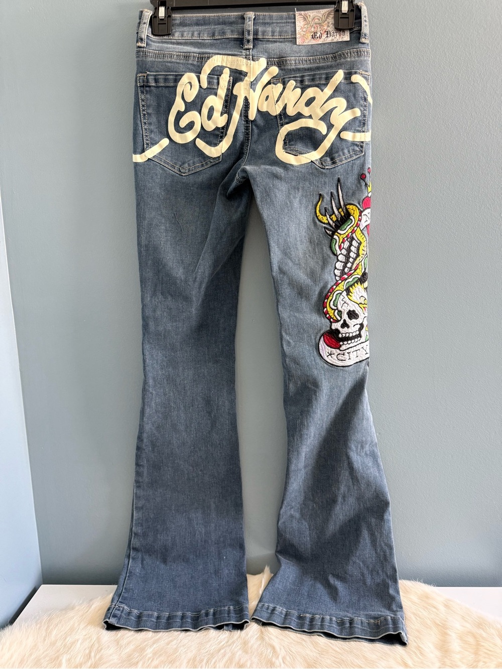 Ed Hardy NYC Eagle Slim Flare Low Rise Medium Vintage Wash Jeans